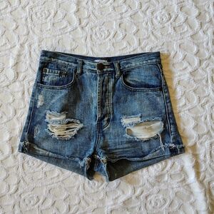 Tobi Mid Rise Ripped Cuffed Denim Shorts 26